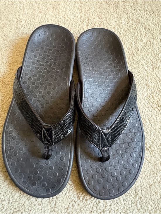 Vionic Shoes - Vionic Black Sequined Textured Strap Flip Flop Sandals-Size 9